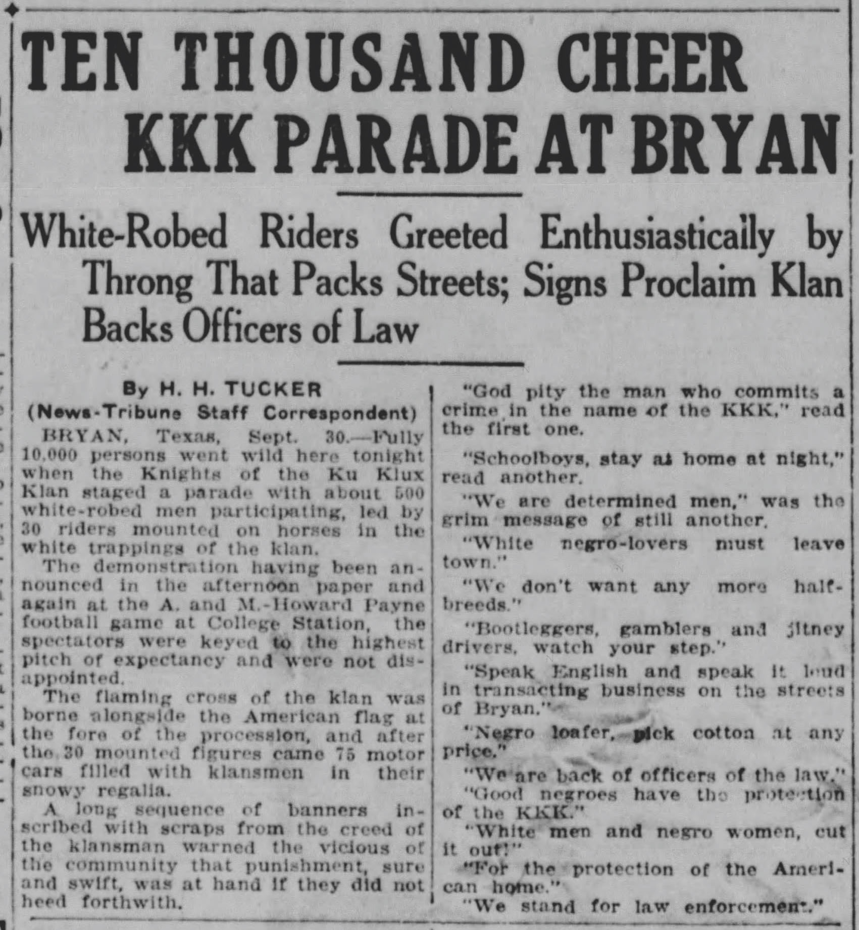 A copy of a 1921 The Waco News-Tribune newspaper article, describing a Ku Klux Klan parade in Bryan, Texas.