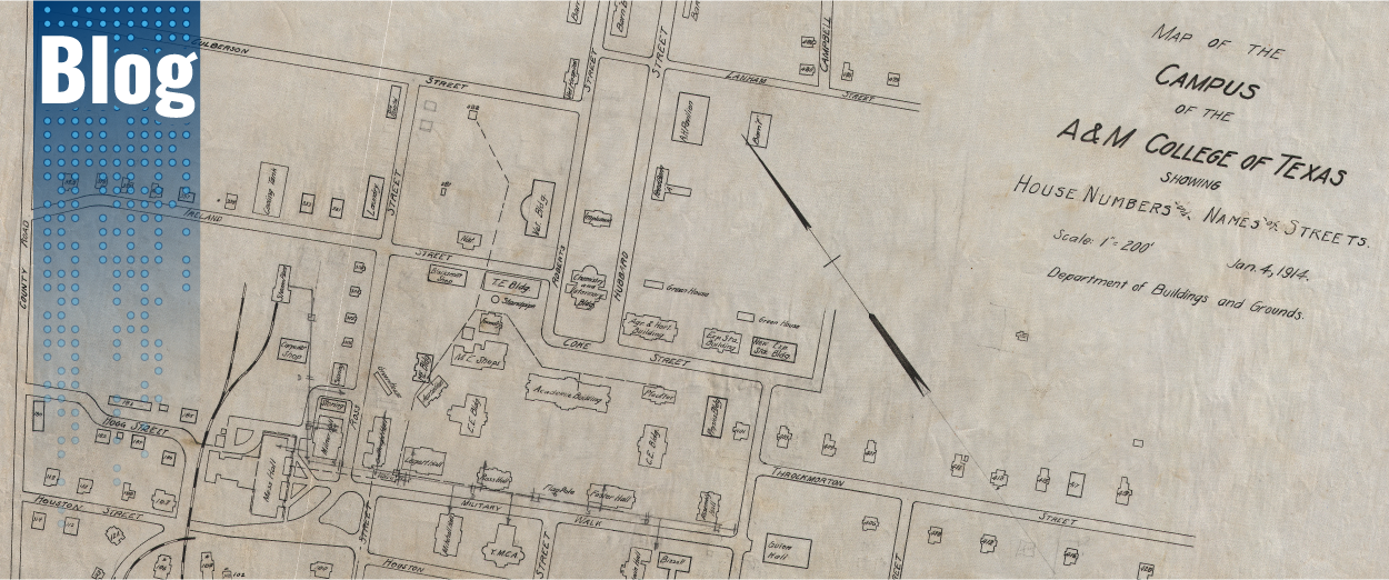 Department of Buildings and Grounds. Map of the campus of the A&M College of Texas: showing house numbers and names of streets. Scale approximately 1:2,400. College Station, Texas: Agricultural and Mechanical College of Texas, approximately 1920. From the Texas A&M Collection at Cushing Memorial Library & Archives.