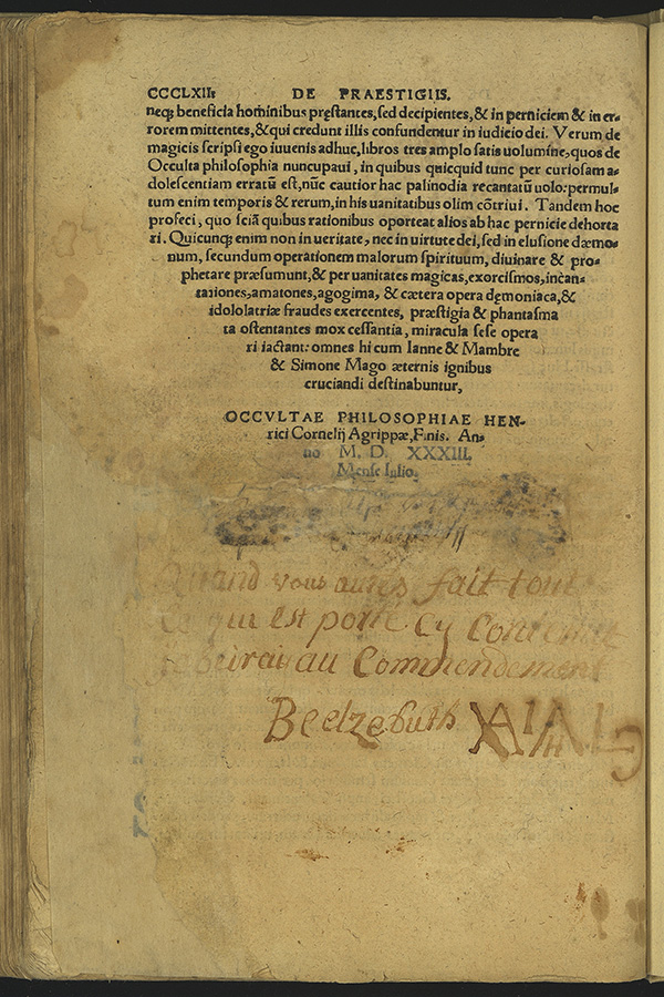 The last page of the book De occulta philosophia libri tres (Cologne: Johannes Soter, 1533); there is an inscription on the page.