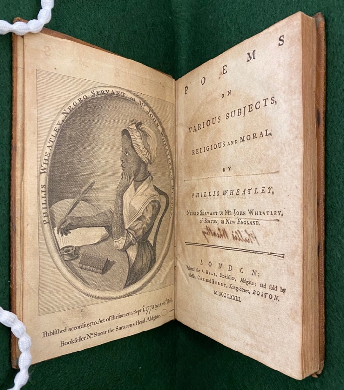 The title page from a signed copy of Phillis Wheatley’s book Poems on Various Subjects, Religious and Moral (1773).