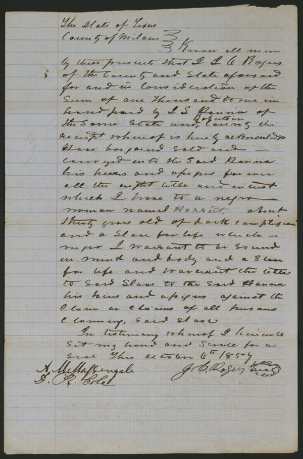 An 1857 handwritten Chattel Slavery contract. From the Cushing Library’s collections.