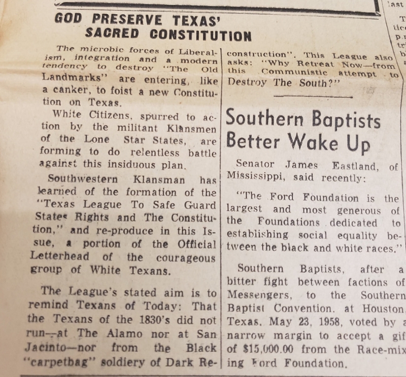 A 1958 Southwestern Klansman newspaper article, titled “God Preserve Texas’ Sacred Constitution.” From the Cushing Library’s collections.