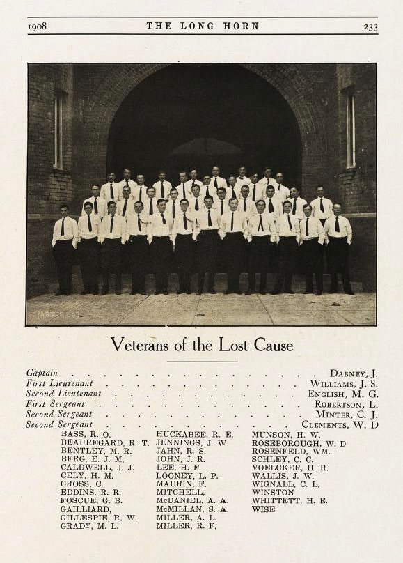 A photo of the Veterans of the Lost Cause, a group of Texas A&M students, from the 1908 yearbook. From the Cushing Library’s collections.