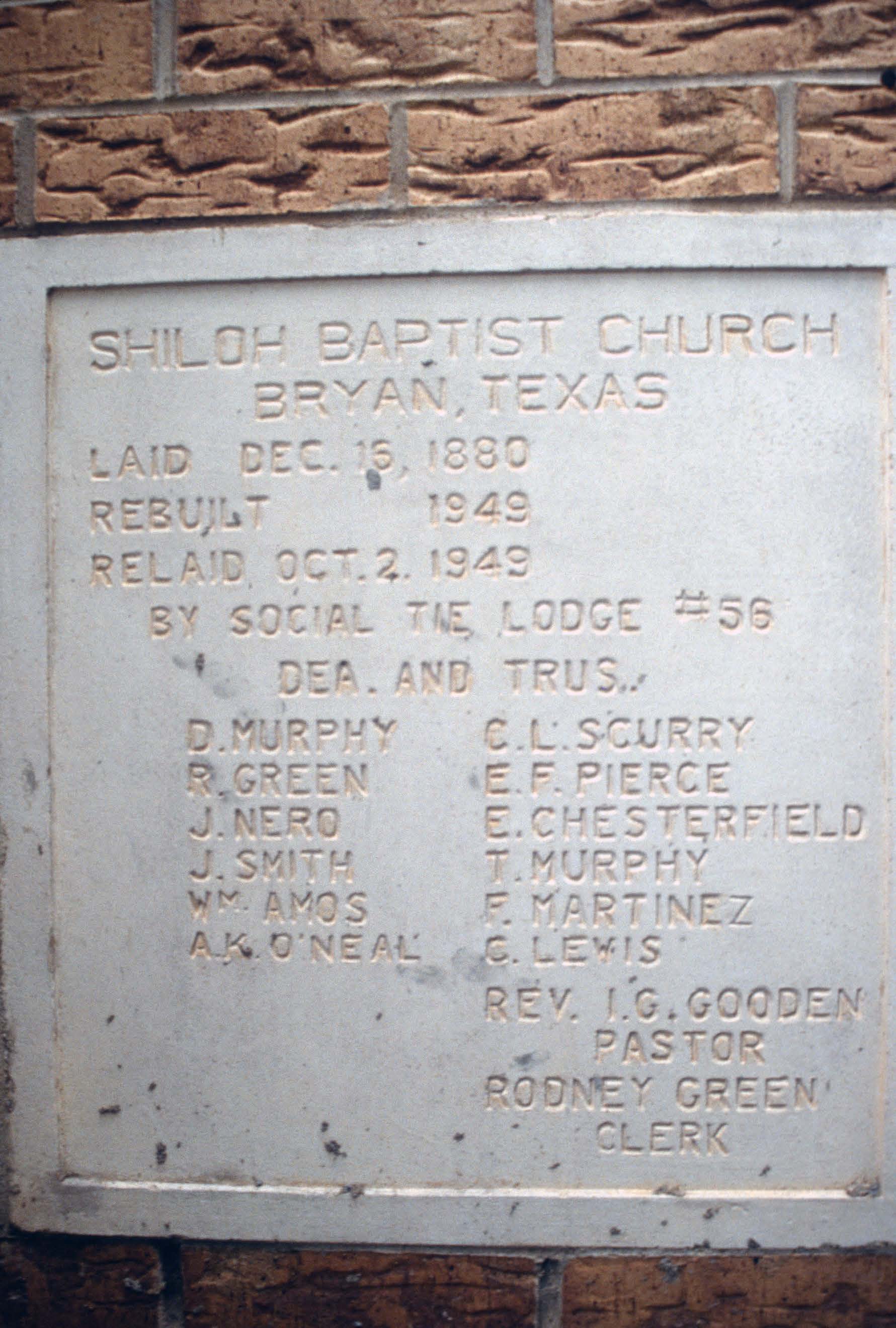 Photo of the cornerstone of the Shiloh Baptist Church in Bryan, Texas.