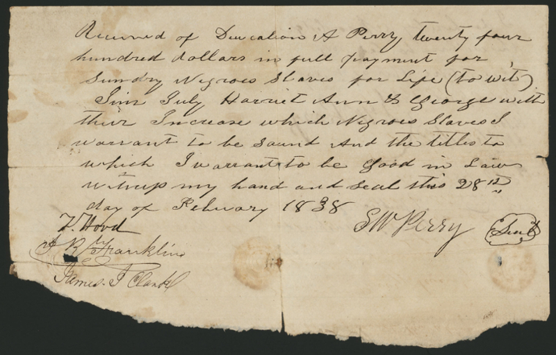 An 1838 handwritten document, attesting to the sale of enslaved persons in Texas. From the Cushing Library’s collections.