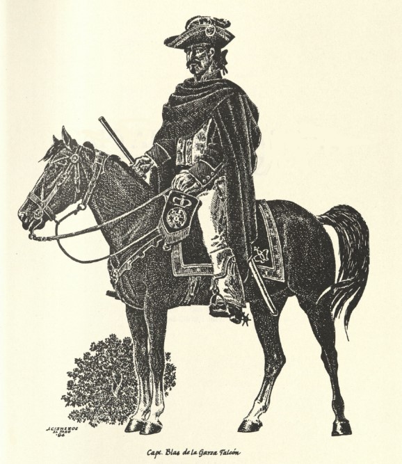 A printed black and white portrait by José Cisneros of Captain Blas María de la Garza Falcón sitting on his horse.