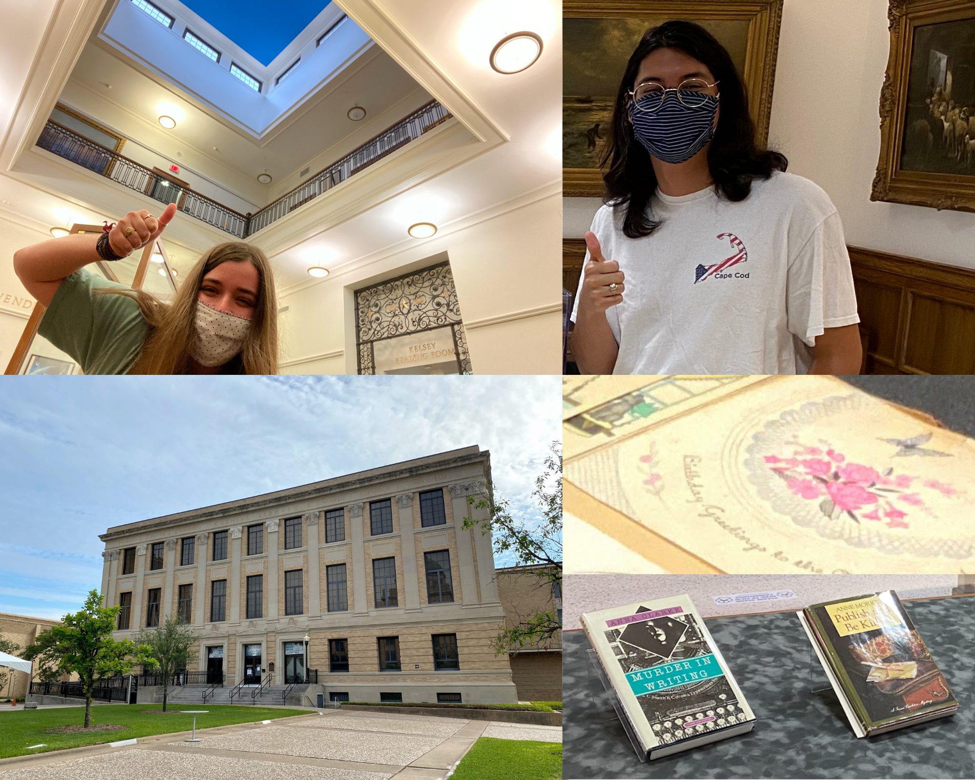 A collage of five photos, showing, clockwise: student Victoria Hutcheson, student Miguel Garcia, a detail of a scrapbook by Irene “Mom” Claghorn, two bibliomystery novels in a display case, and the exterior of the Cushing Memorial Library and Archives.