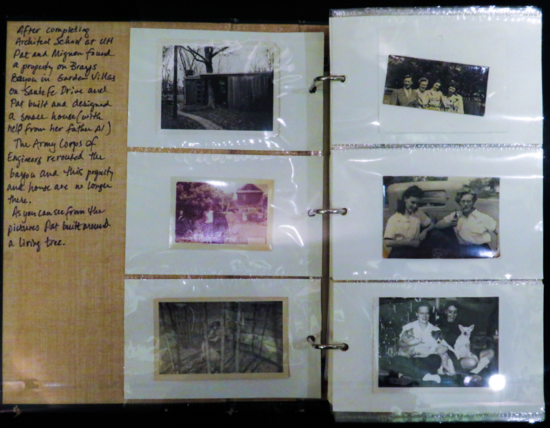Image of a photo album, representing the lives of life partners Pat Gustavson and Mignon Weisinger. There is a written note on the inside cover, and two pages of the album are displayed, with photos of Pat and Mignon together, and other photos.