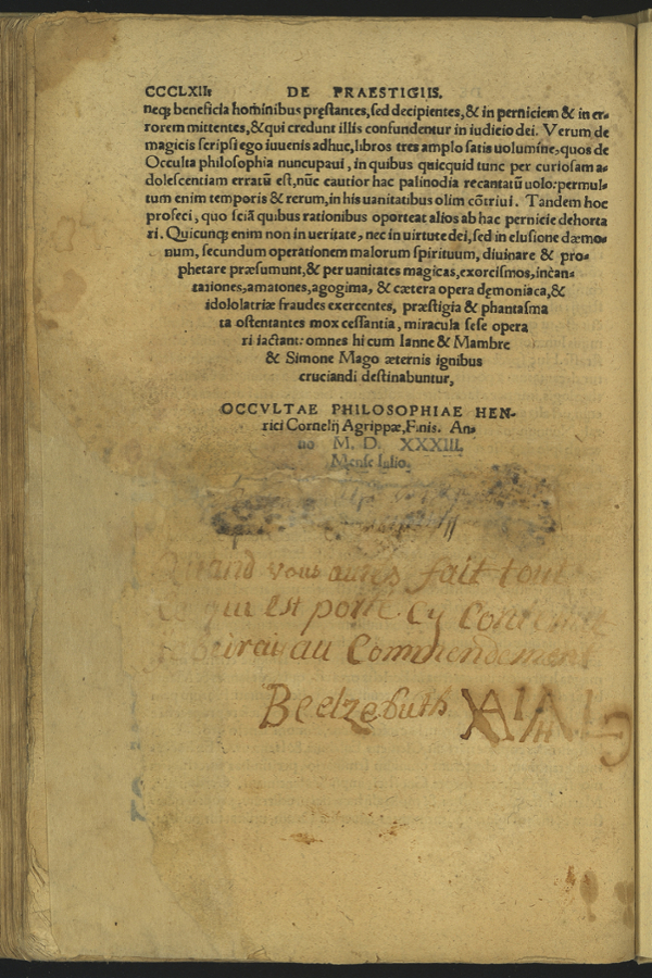 The last page of the book De occulta philosophia libri tres by Heinrich Cornelius Agrippa von Nettesheim (Cologne: Johannes Soter, 1533); there is an inscription on the page.