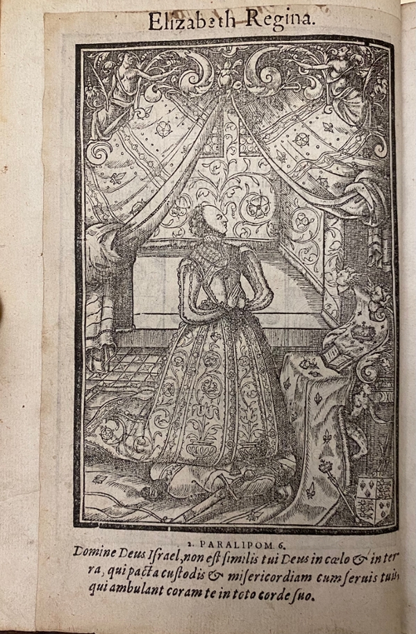 Woodcut illustration from the 1608 Prayer Book. The image shows Queen Elizabeth in her chambers with hands folded in prayer. The book is held at Cushing Memorial Library and Archives.