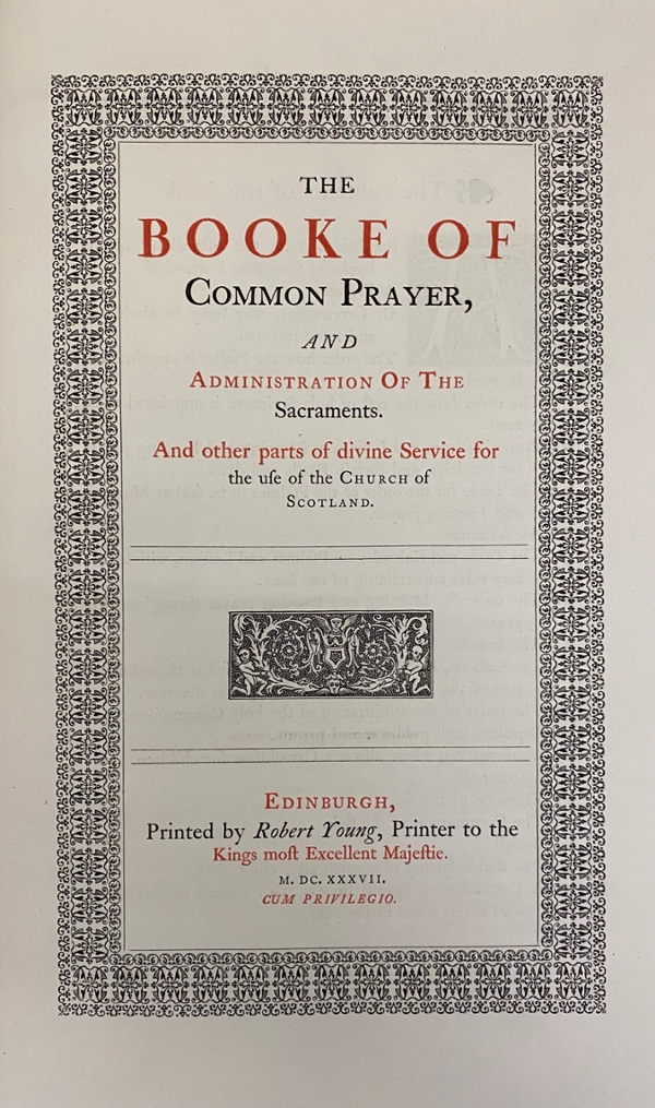 Title page of the 1637 facsimile published by William Pickering in 1844. The image shows the full title page starting with the words “The Booke of Common Prayer.” The book is held at the Cushing Memorial Library and Archives.