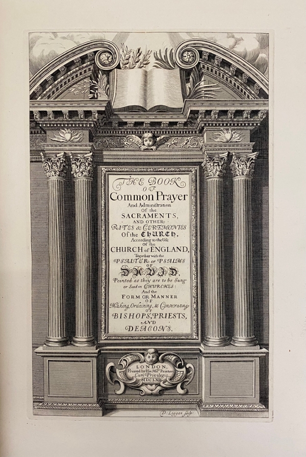1662 facsimile, reproduction of the original title page, using smaller print than the original. The image shows the full title page starting with the words “The Book of Common Prayer and Administration of the Sacraments.” The book is held at the Cushing Memorial Library and Archives.